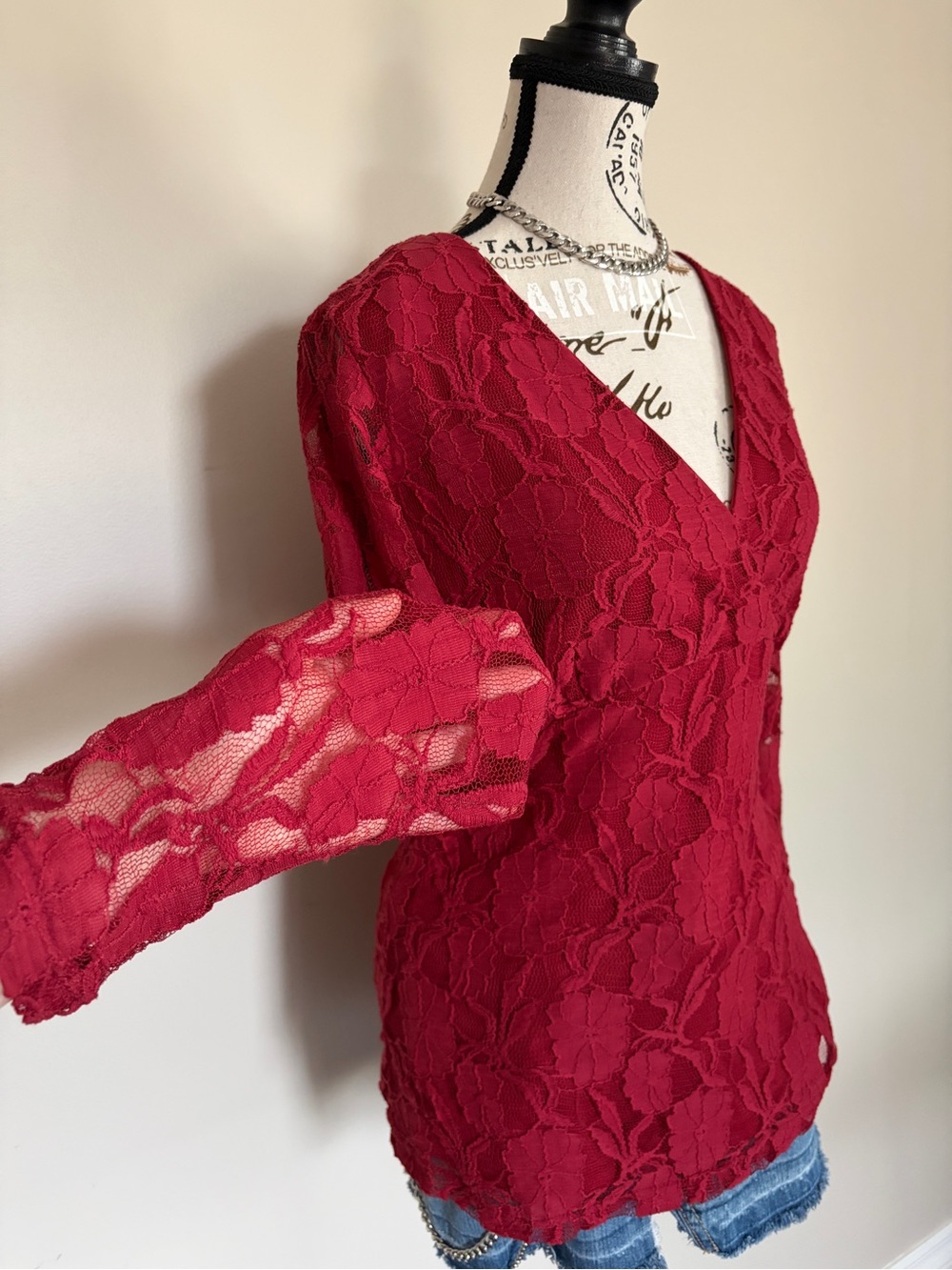 Vintage Red Lace Long Sleeve Blouse Deep V Neck Romantic Y2K Fairycore - Picture 3 of 11